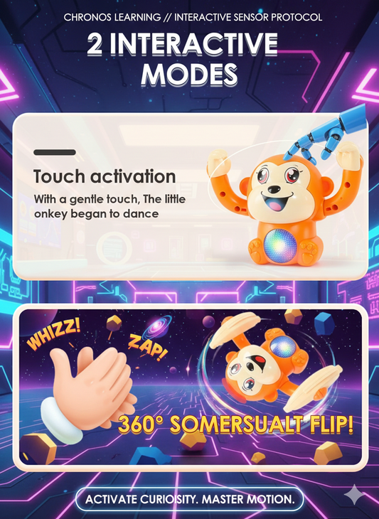 360° Flip Master Baby Monkey: Interactive Sound & Light Show Toy - Battery Operated Kinetic Learning Puzzle, Safe & Durable Preschool Entertainment Station