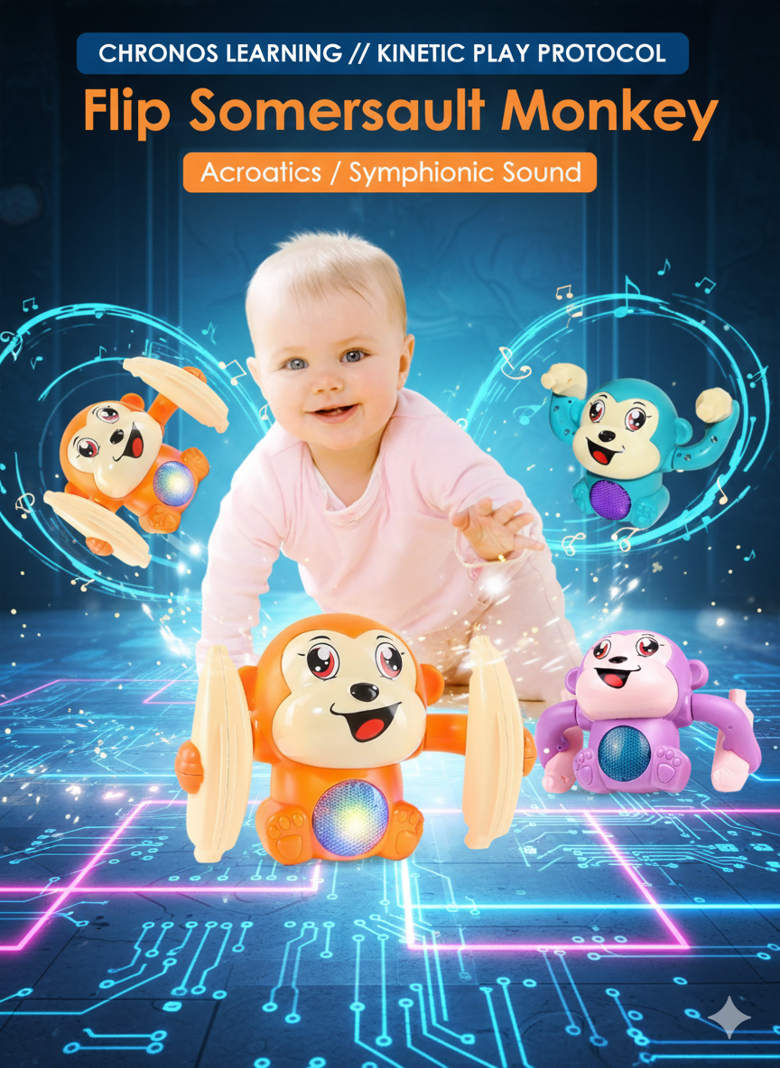 360° Flip Master Baby Monkey: Interactive Sound & Light Show Toy - Battery Operated Kinetic Learning Puzzle, Safe & Durable Preschool Entertainment Station